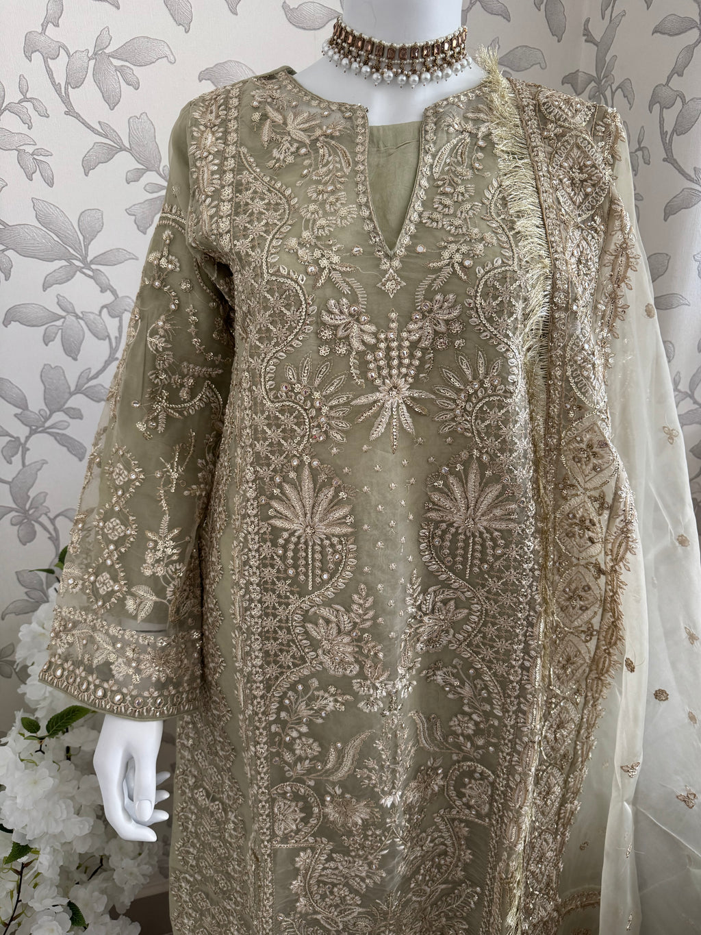 AFROZ Sage green-3 piece Embroidered soft Organza Suit
