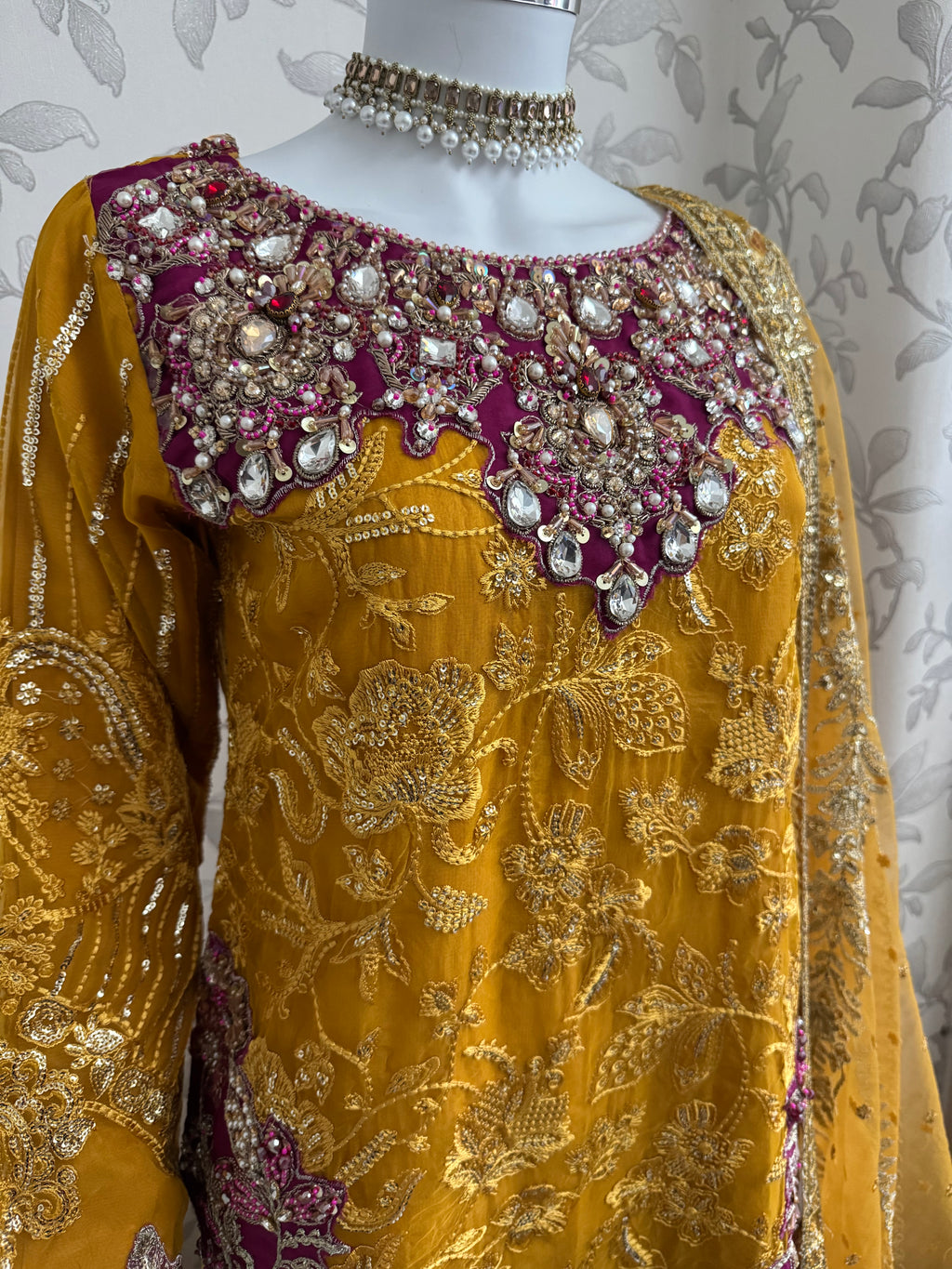 IMROZIAA- 3 piece Embroidered chiffon Gharara Suit
