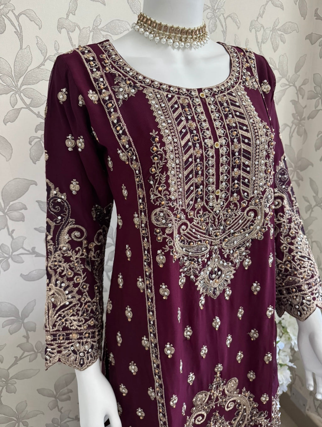 SAFFA- 3 piece Embroidered Chiffon Gharara Suit