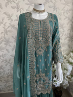 SAFFA- 3 piece Embroidered Chiffon Gharara Suit