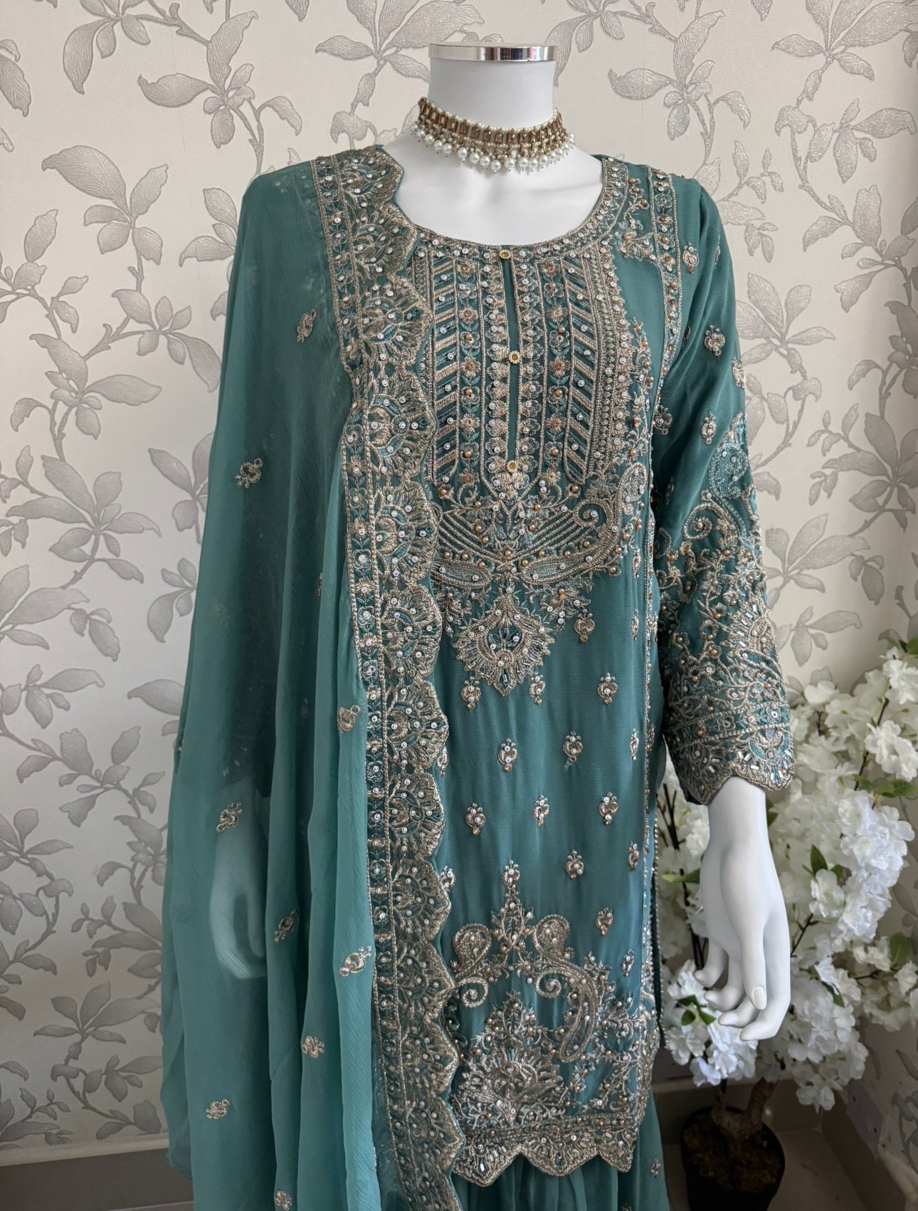 SAFFA- 3 piece Embroidered Chiffon Gharara Suit