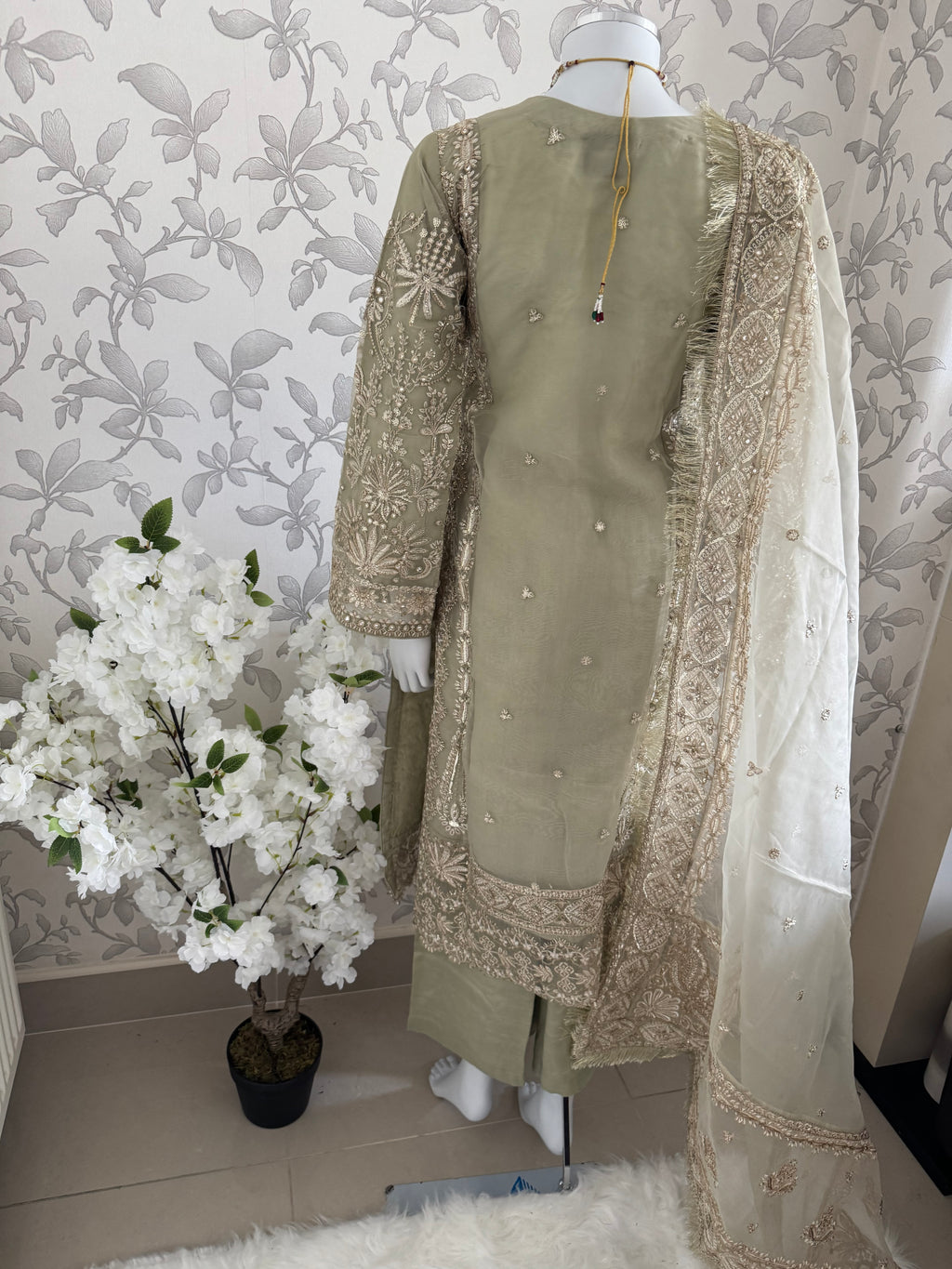 AFROZ Sage green-3 piece Embroidered soft Organza Suit