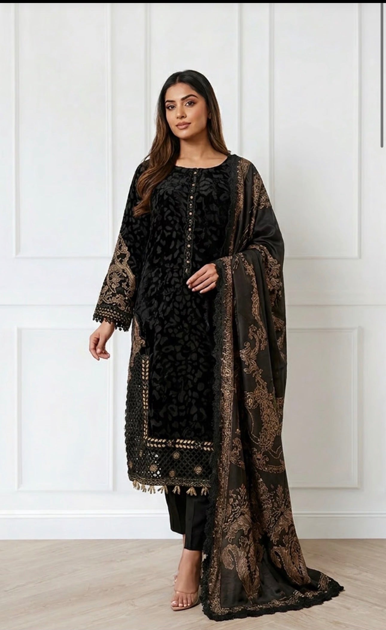 Luxury Black Velvet Embroidered 3-Piece Suit with Printed Dupatta-D1