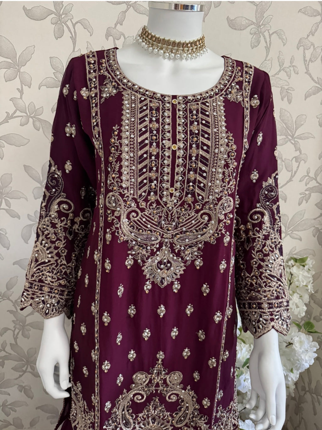 SAFFA- 3 piece Embroidered Chiffon Gharara Suit