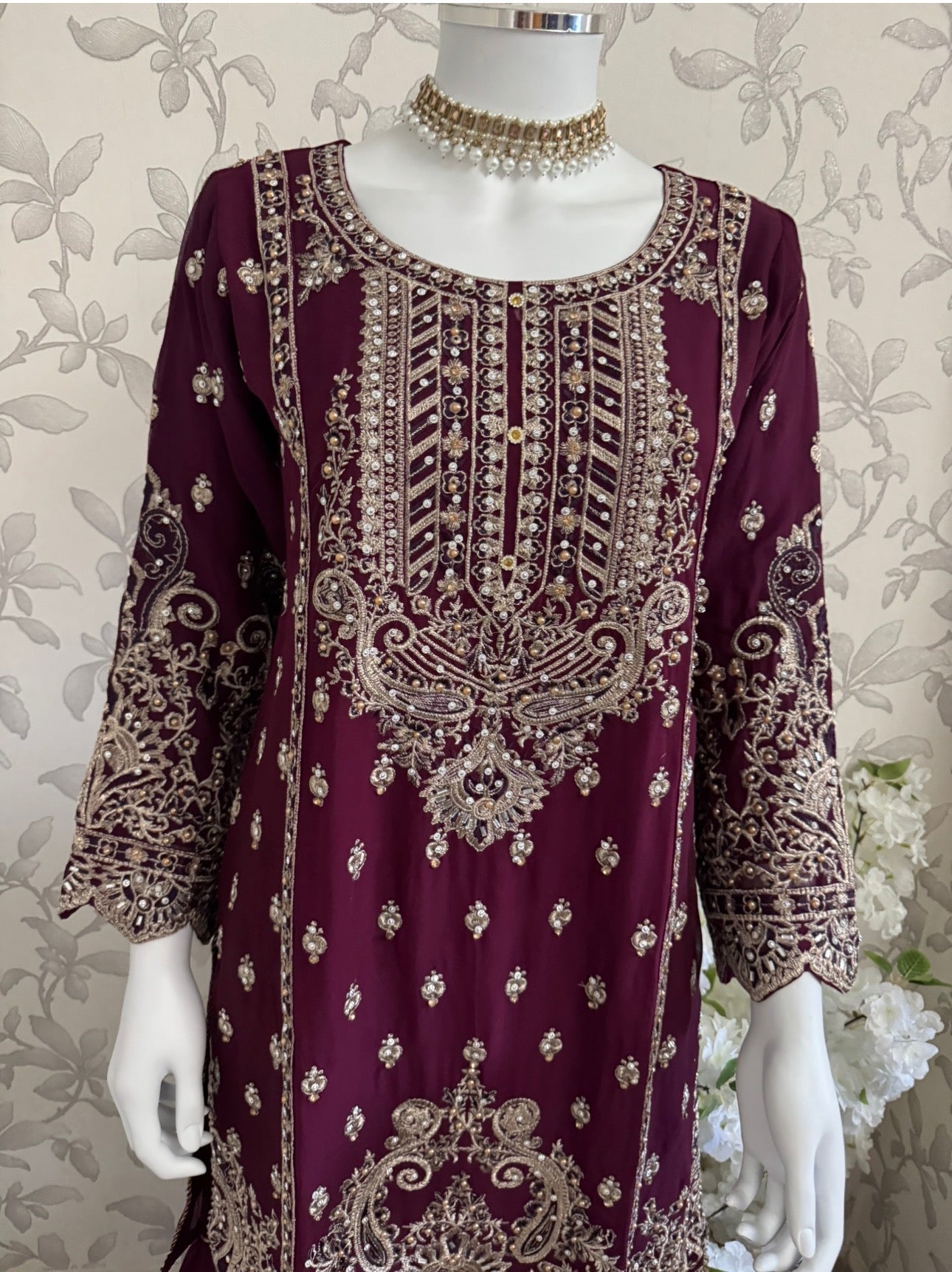 SAFFA- 3 piece Embroidered Chiffon Gharara Suit