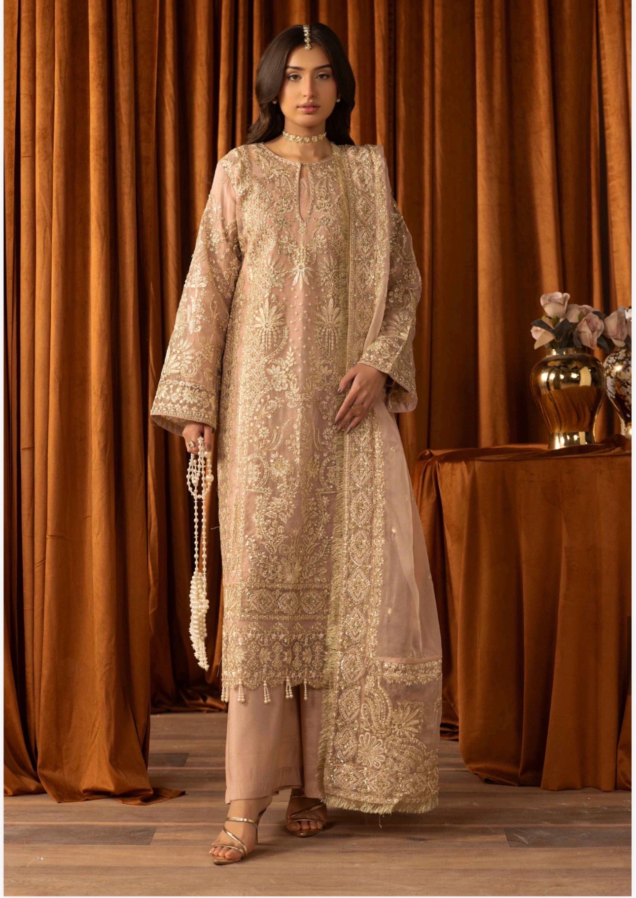 AFROZ Blush Pink- 3 piece Embroidered soft Organza suit