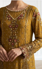 Mustard Gold Embroidered 3-Piece Suit with Magenta Palazzo &  Dupatta