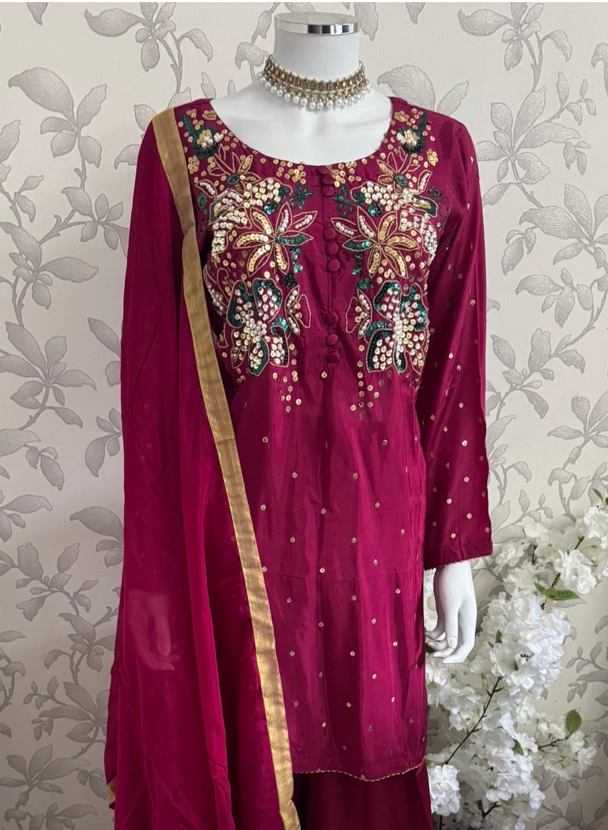 SILKY CHARM- 3 piece sequins Embroidered Silk Suit