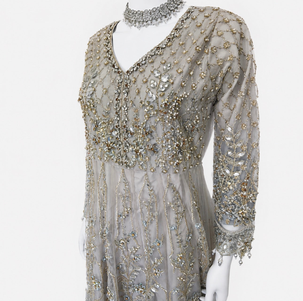 MASHAL- 3 pieces Embroidered Net Maxi Dress with embroidered organza Duppatta