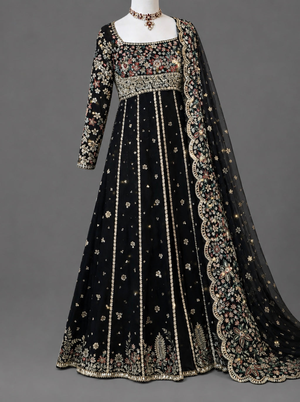 FIZZA-3 pieces Luxury Embroidered Silk maxi dress