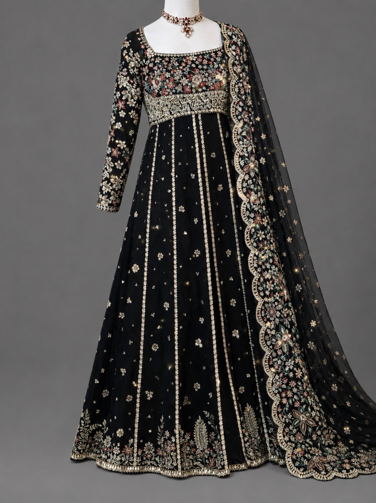 FIZZA-3 pieces Luxury Embroidered Silk maxi dress