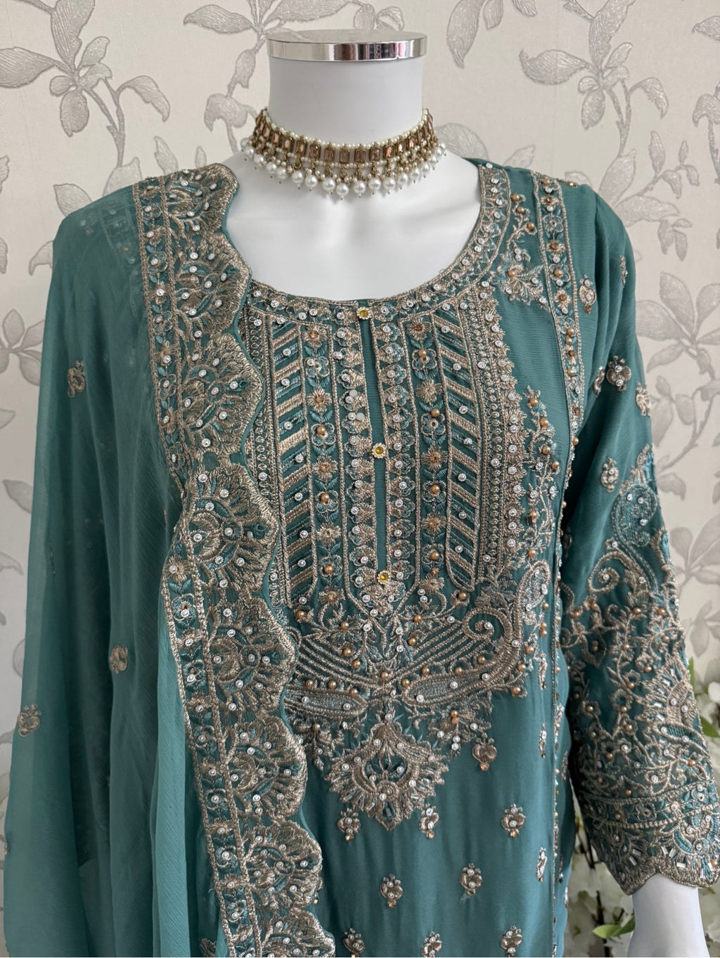 SAFFA- 3 piece Embroidered Chiffon Gharara Suit