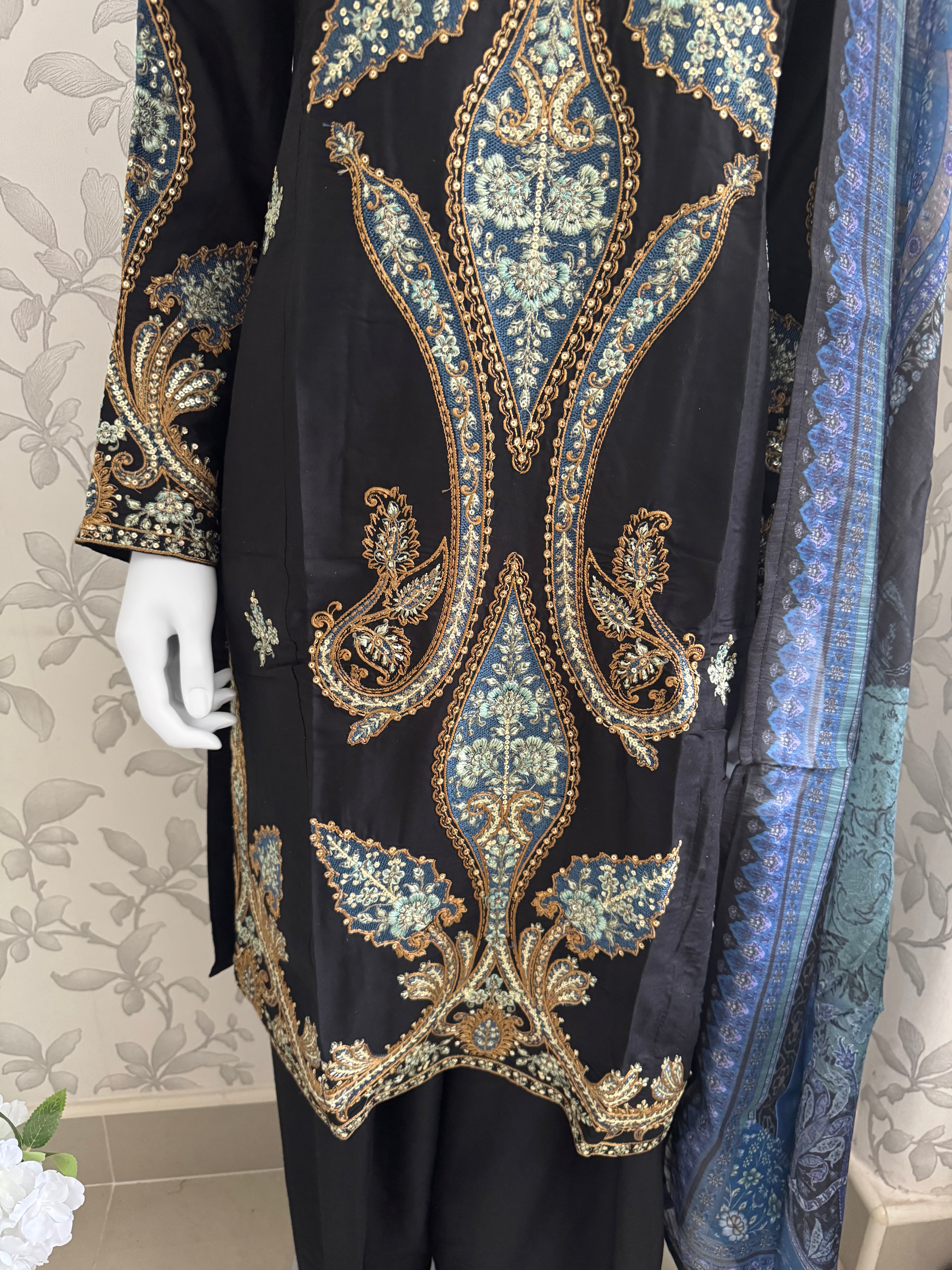 M Prints inspired Embroidered 3-Piece Suit | Pakistani Designer Dress