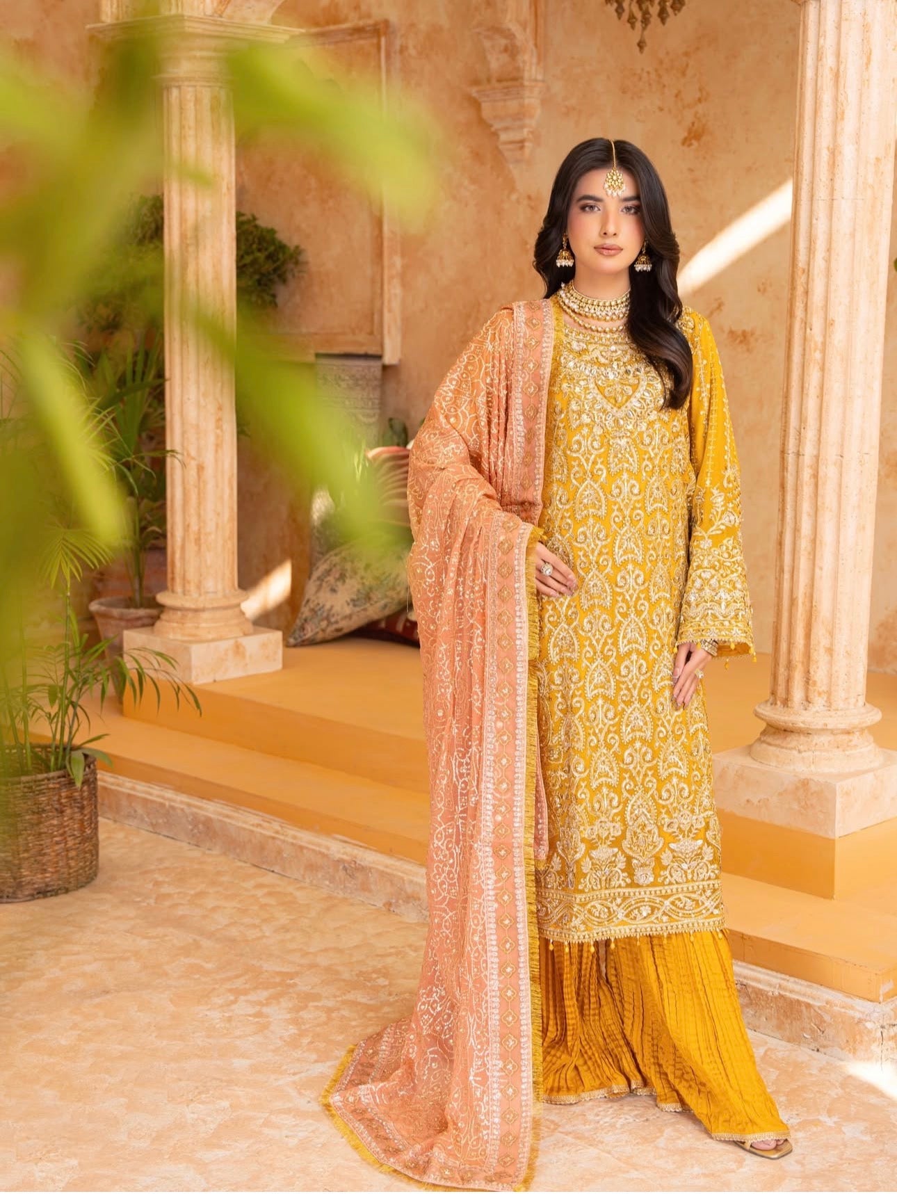 SHAMA-3 pieces heavy embroidered chiffon dress