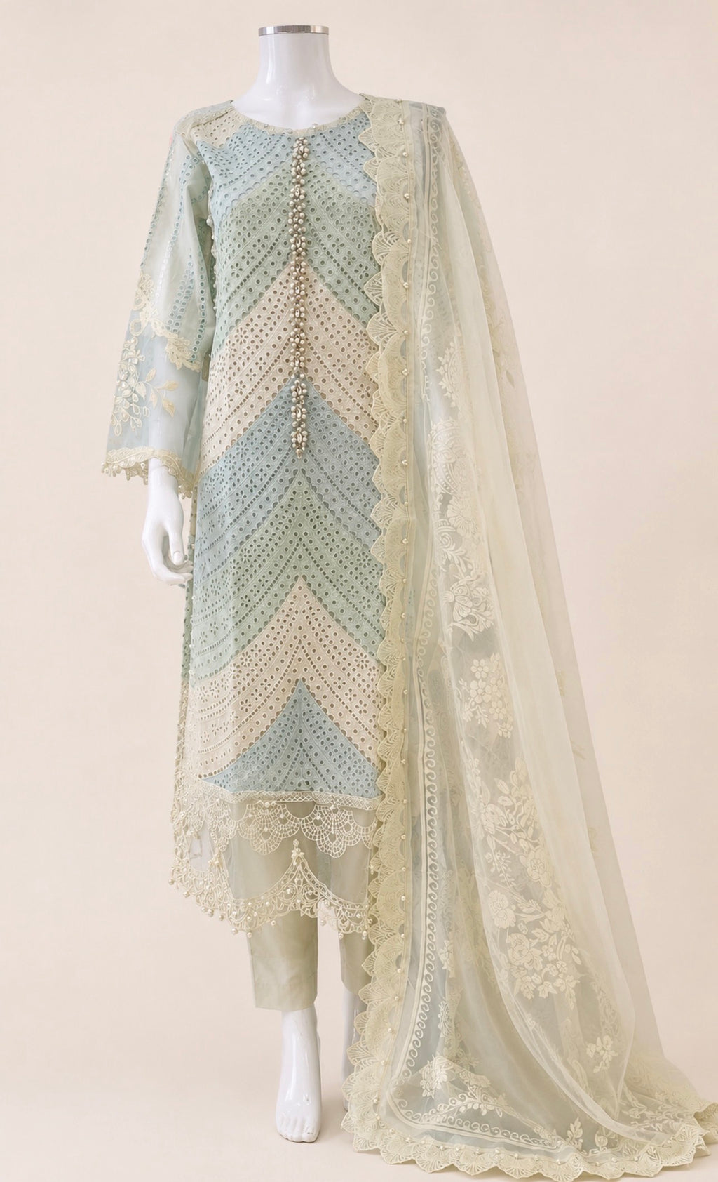 Mint Pearl- 3 piece Luxury Embroidered Lawn Suit