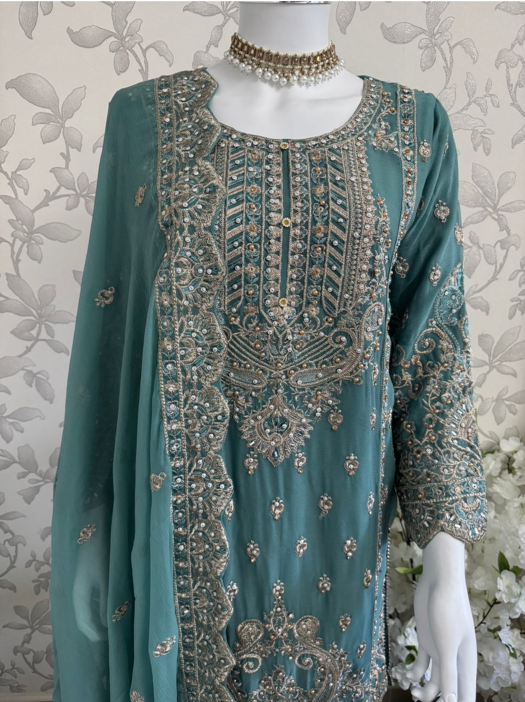 SAFFA- 3 piece Embroidered Chiffon Gharara Suit