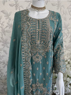 SAFFA- 3 piece Embroidered Chiffon Gharara Suit