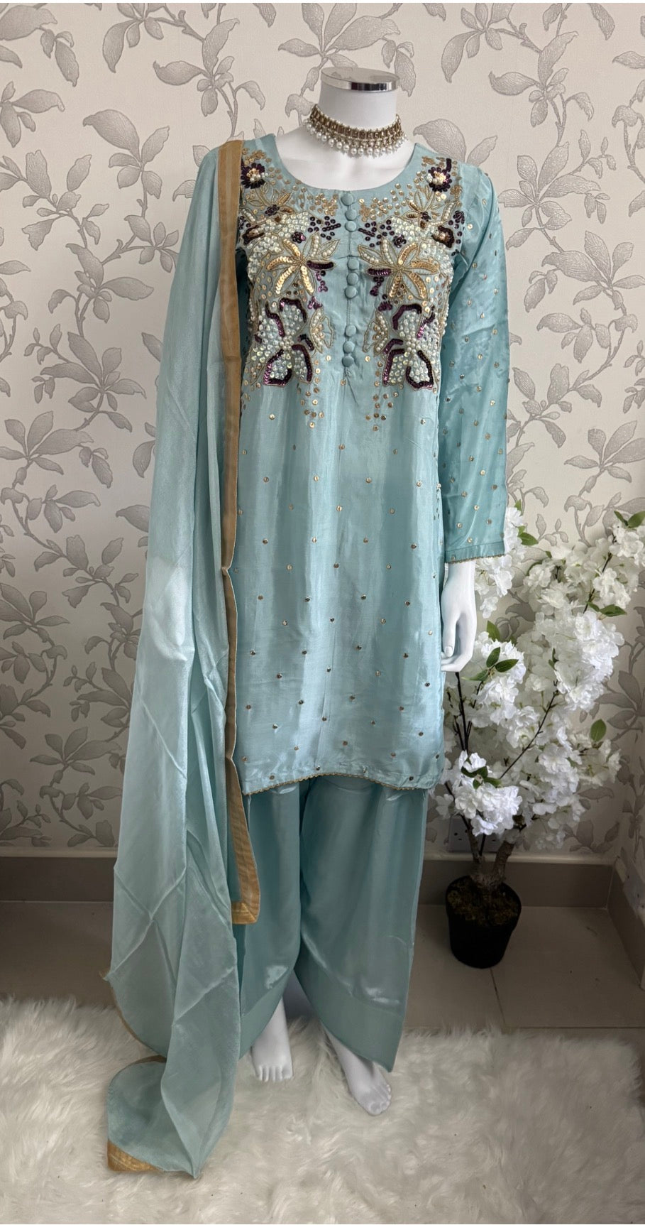 SILKY CHARM- 3 piece sequins Embroidered Silk Suit