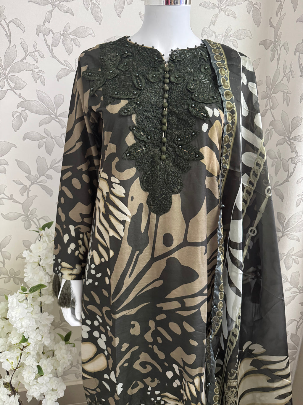 M Prints inspired Embroidered 3-Piece Suit | Pakistani Designer Dress