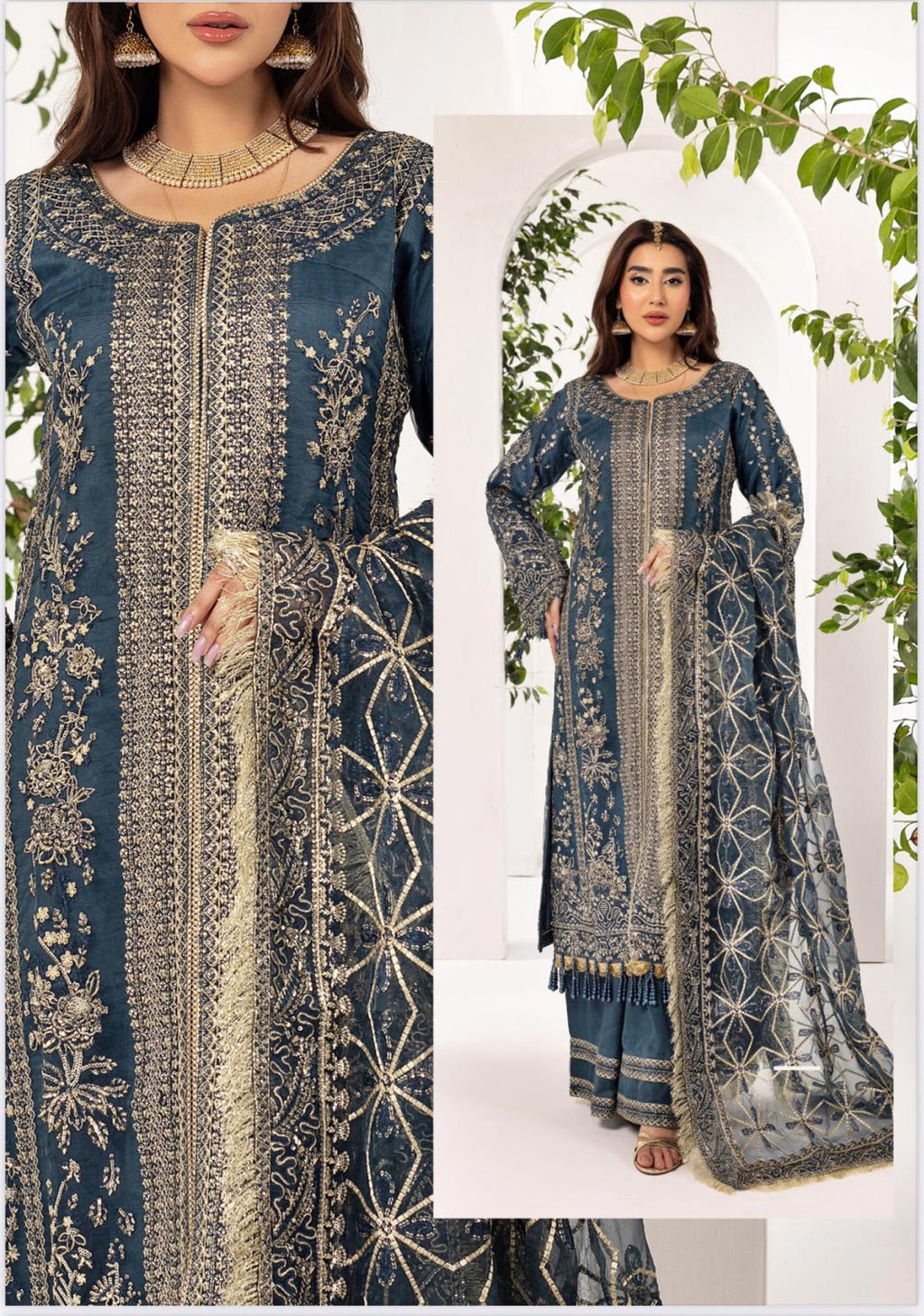 NUREH- 3 pieces heavy embroidered soft organza suit