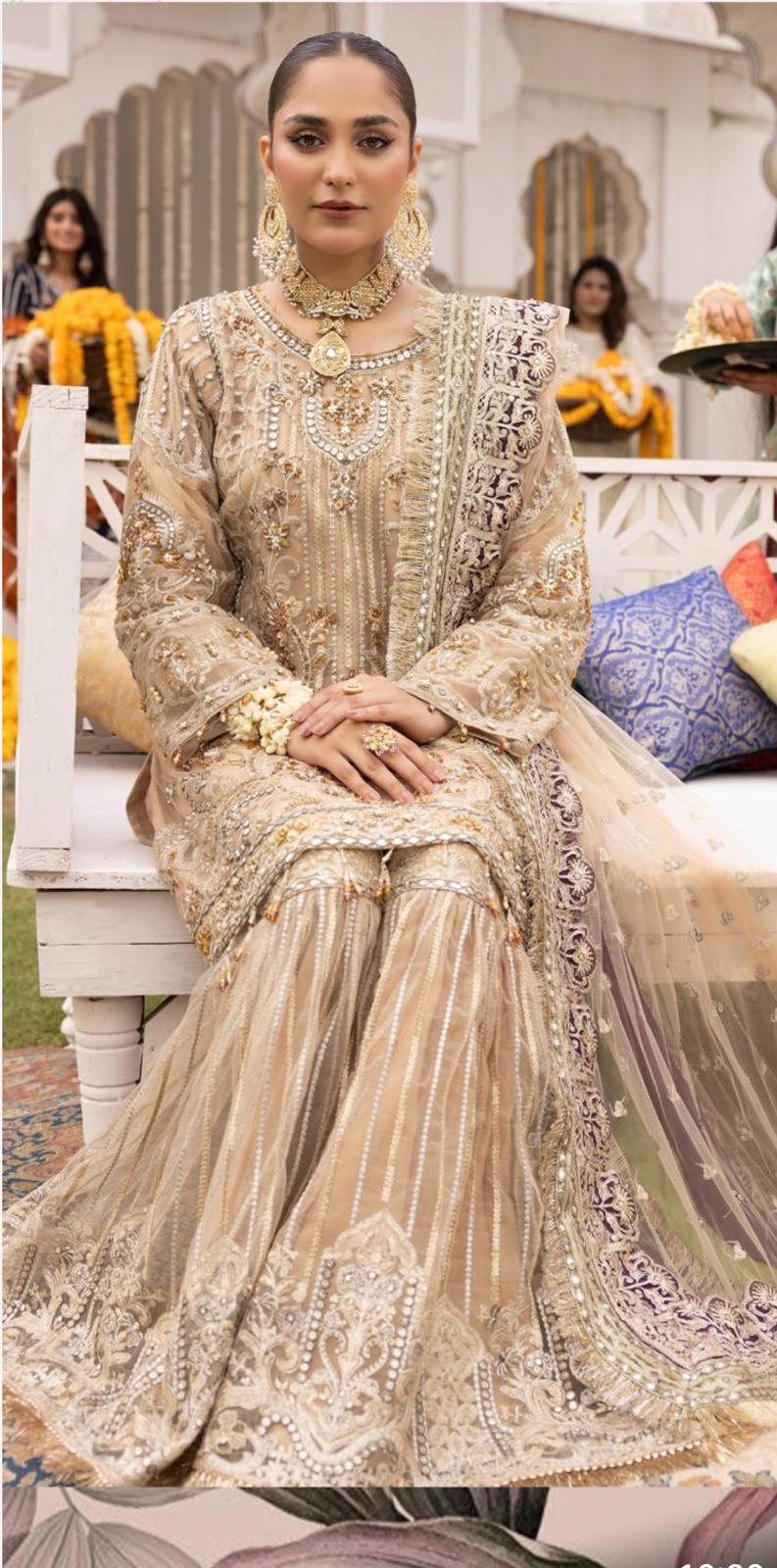 SHEHNAI- 3 pieces heavy Embroidered Net gharara suit