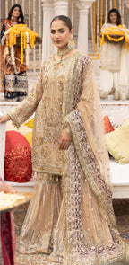 SHEHNAI- 3 pieces heavy Embroidered Net gharara suit