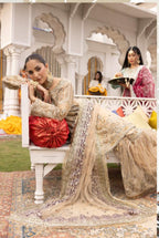 SHEHNAI- 3 pieces heavy Embroidered Net gharara suit