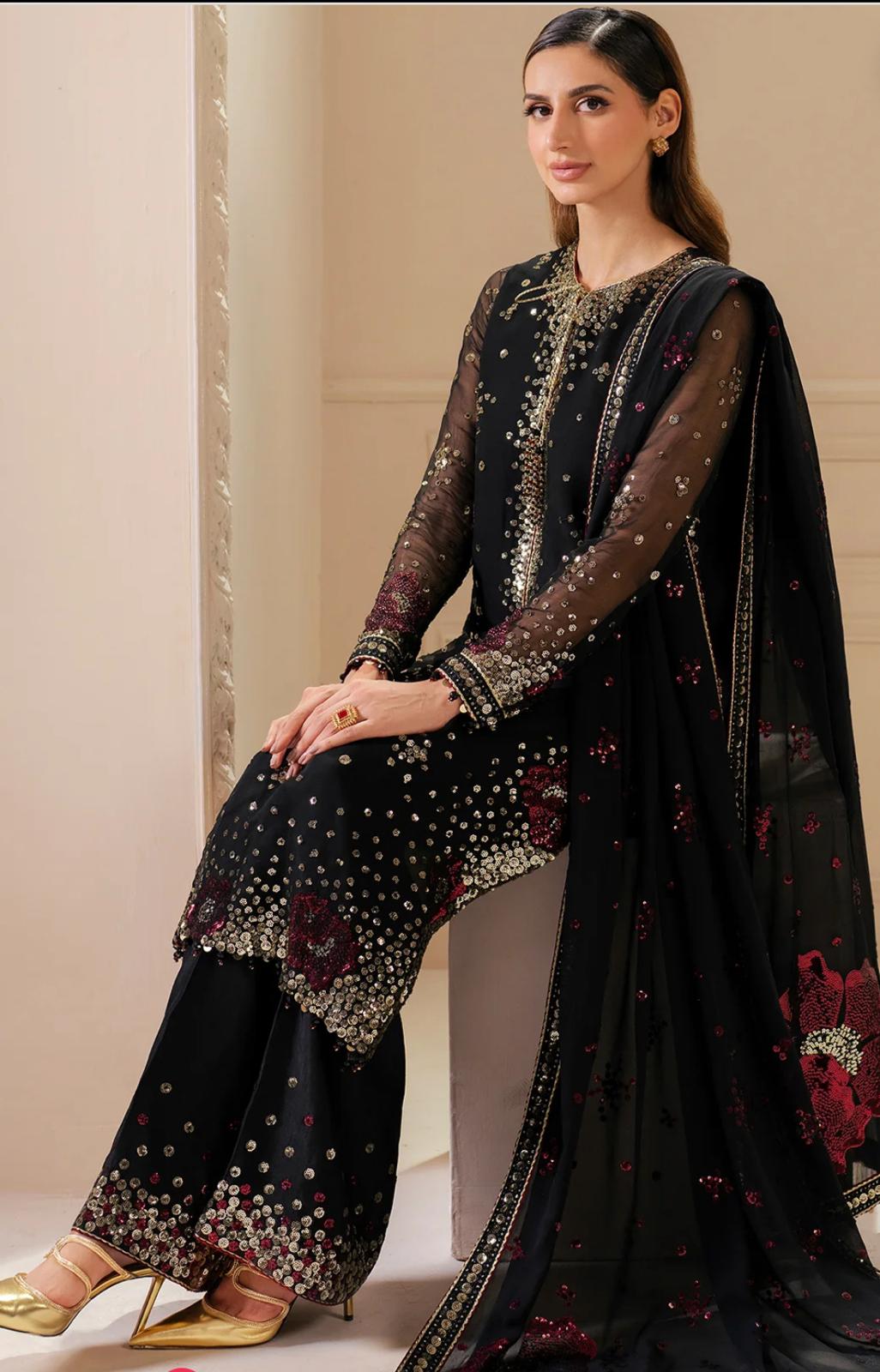 Black Sequin Embroidered Chiffon Suit| Pakistani Designer Wedding Wear