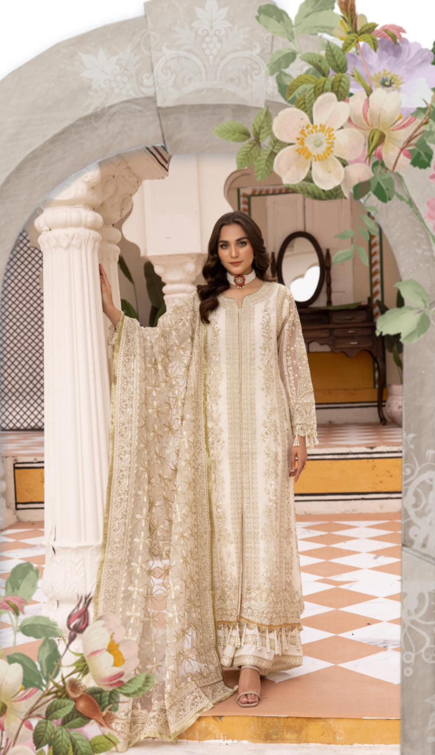 NUREH- 3 pieces heavy embroidered soft organza suit