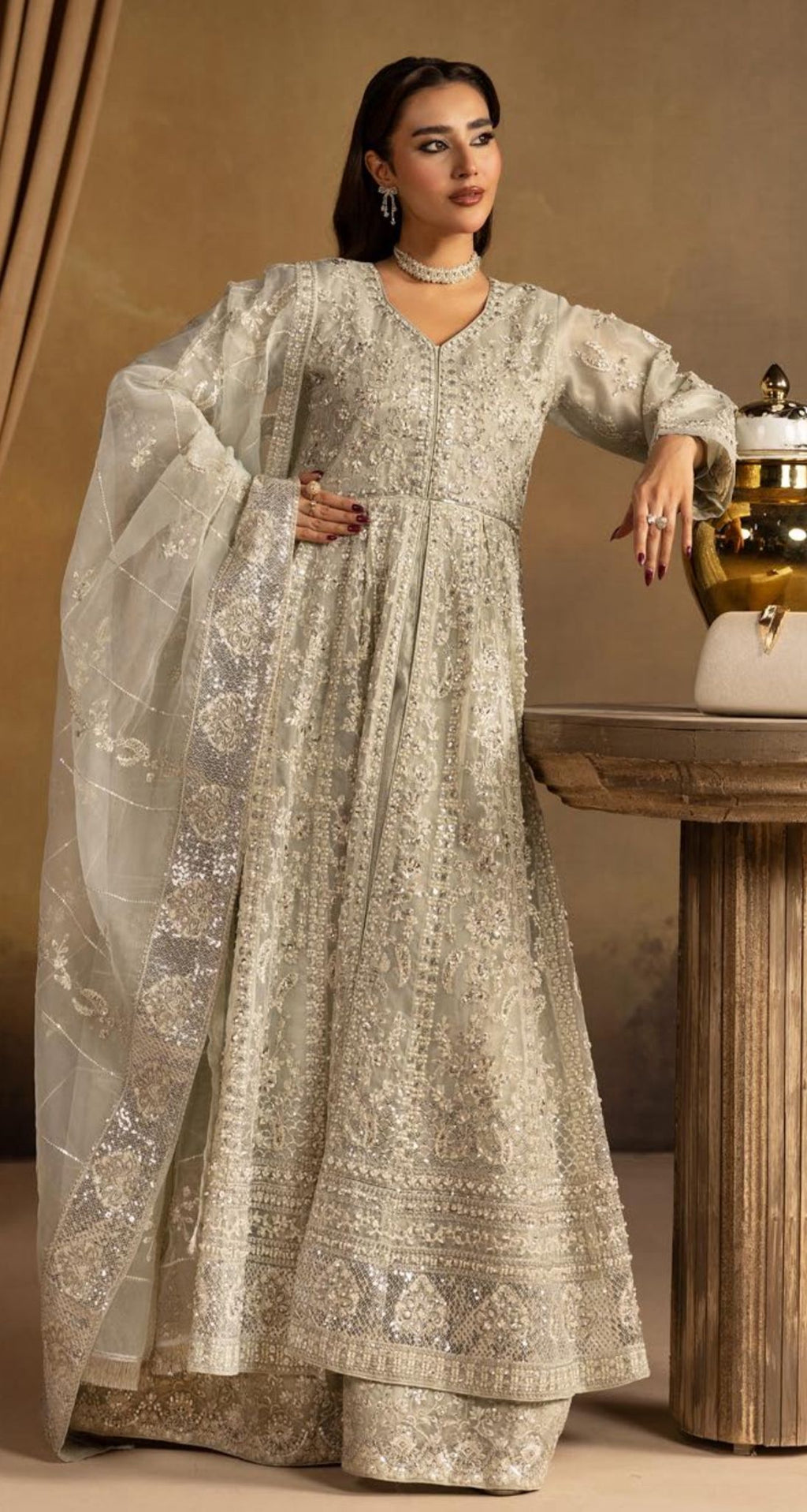 HERITAGE- 3 pieces heavy Embroidered soft organza Maxi dress