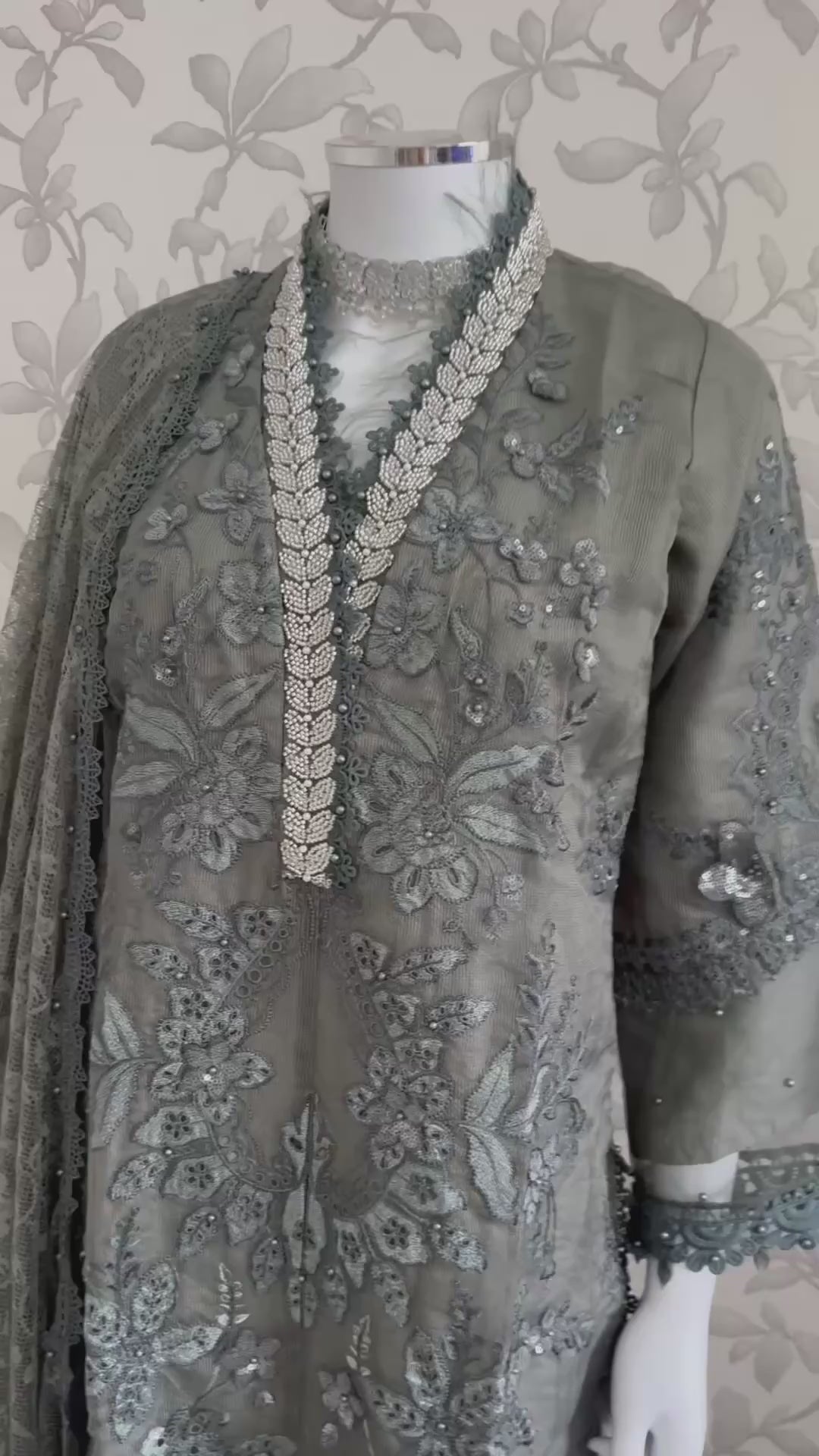 Sage Elegance- 3 piece Luxury Embroidered khaadi Net Suit