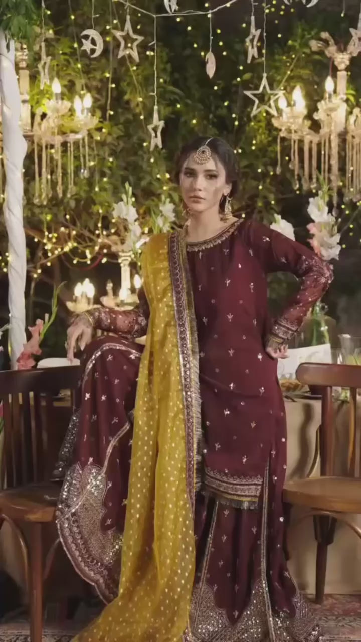 CHAAND RAAT- 3 piece Embroidered Raw Silk sharara Suit