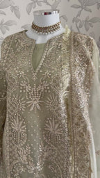 AFROZ Sage green-3 piece Embroidered soft Organza Suit